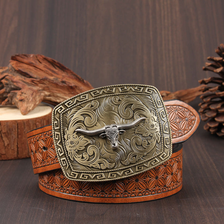 Vintage Bronze Longhorned Bullhead Buckle Embossed Leather Belt - Style #3 - 40 - image 2