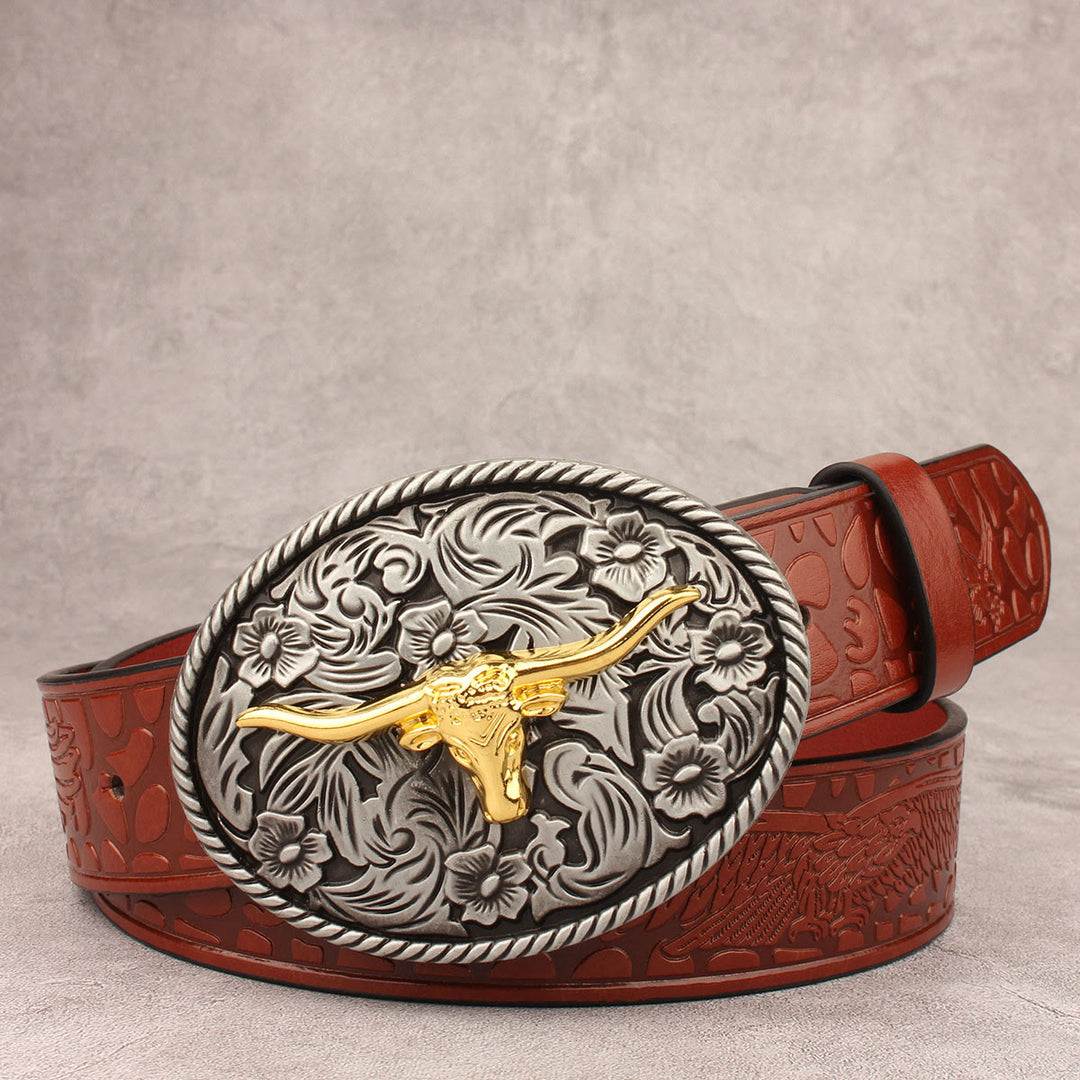 Vintage Carved Longhorned Bull Buckle Embossed Leather Belt - Style #3 - 40 - image 2