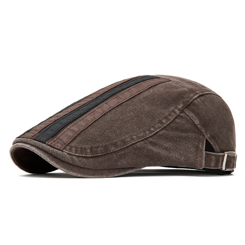 Summer Vintage Washed Striped Patchwork Beret Hat - Coffee - Adjustable (22"-24") - image 7