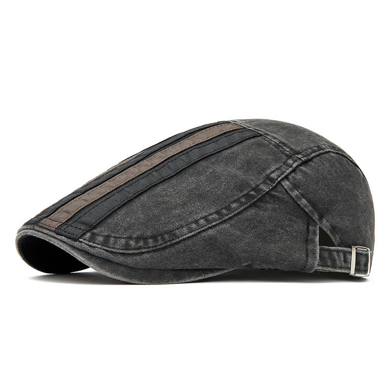 Summer Vintage Washed Striped Patchwork Beret Hat - Black - Adjustable (22"-24") - image 0