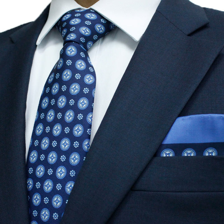2Pcs Navy Blue Retro Round Printed Pocket Square Necktie - Navy Blue - image 0