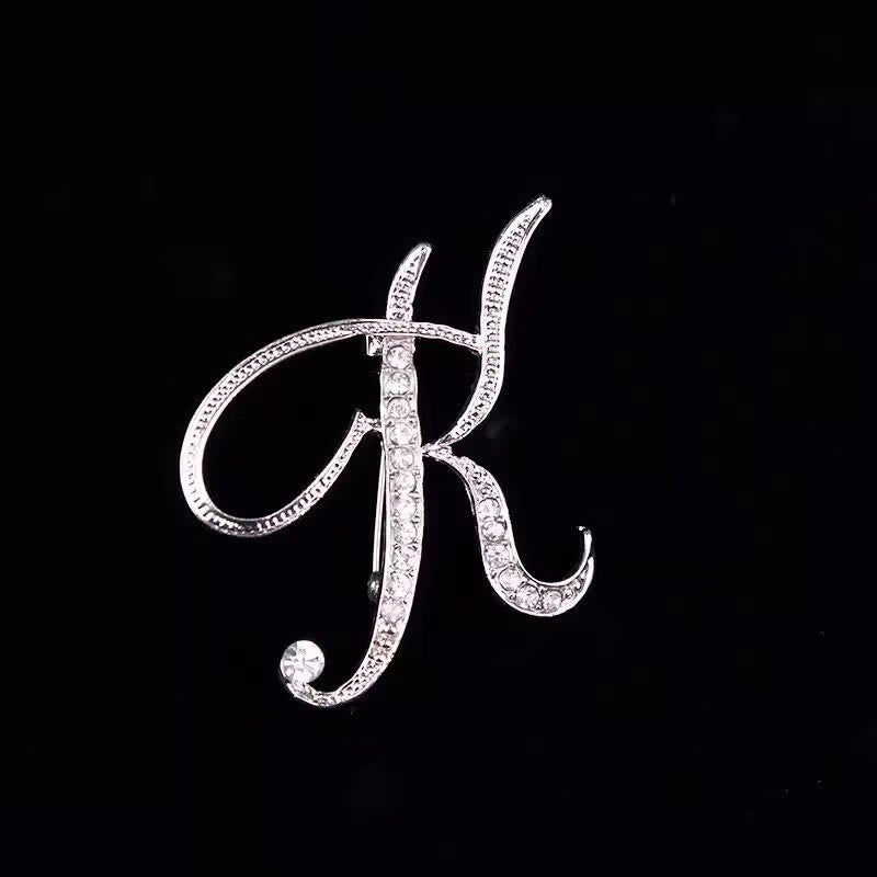 Golden & Silver Initial Letter Diamond Inlaid Brooch - Silver - K - image 33