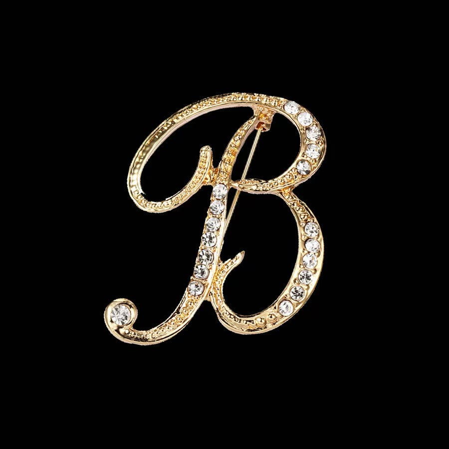 Golden & Silver Initial Letter Diamond Inlaid Brooch - Golden - B - image 0