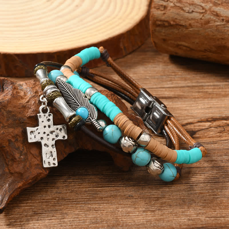 Turquoise Cross Feather Layered Leather Bracelet - Cross - image 0