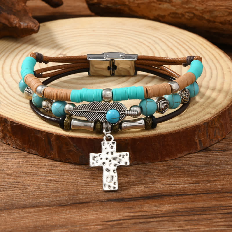 Turquoise Cross Feather Layered Leather Bracelet - image 3