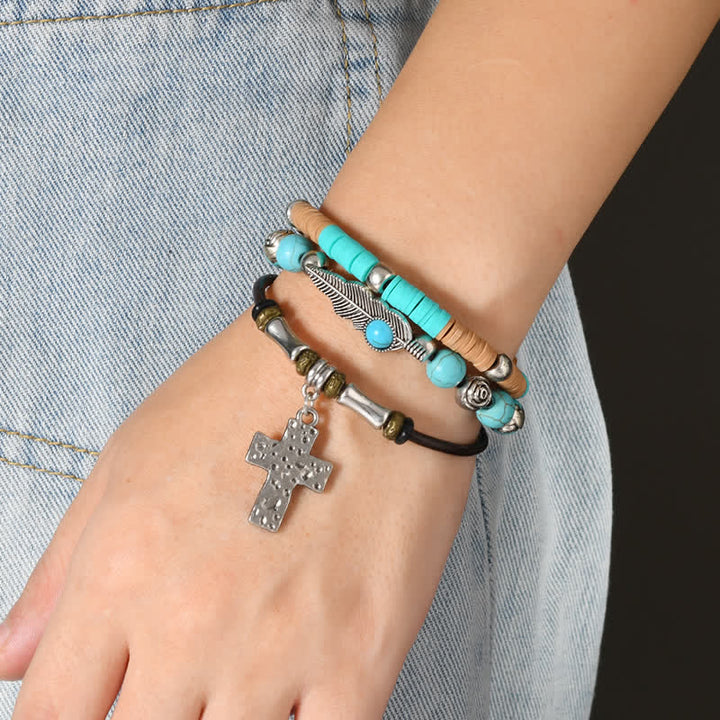 Turquoise Cross Feather Layered Leather Bracelet - image 1