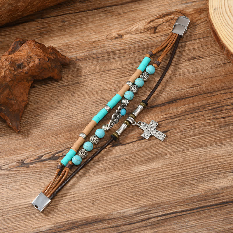 Turquoise Cross Feather Layered Leather Bracelet - image 2