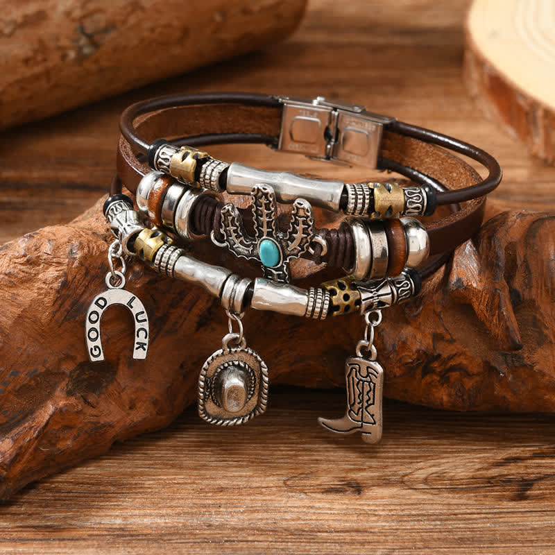 Wild West Horseshoe Hat Boot Charms Leather Bracelet - West Charms - image 0