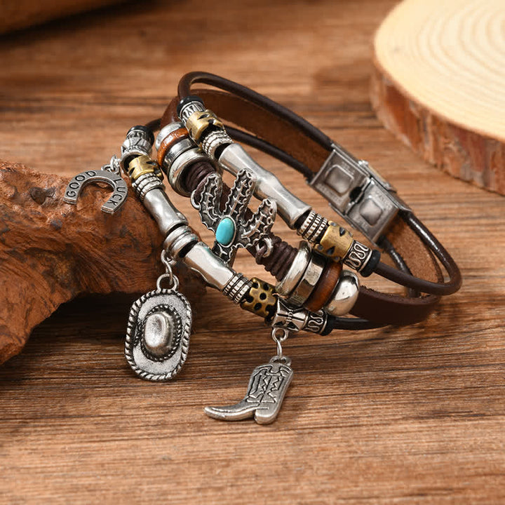 Wild West Horseshoe Hat Boot Charms Leather Bracelet - image 3