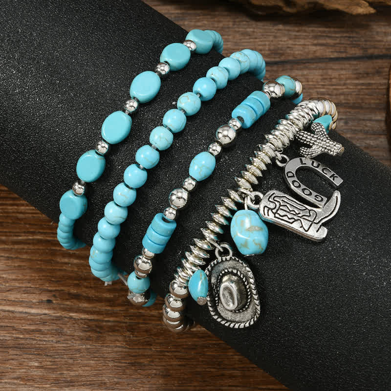 4Pcs Western Frontier Style Turquoise Leather Bracelet Set - image 3