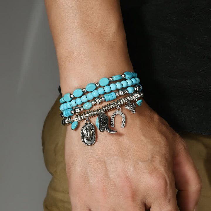 4Pcs Western Frontier Style Turquoise Leather Bracelet Set - image 1