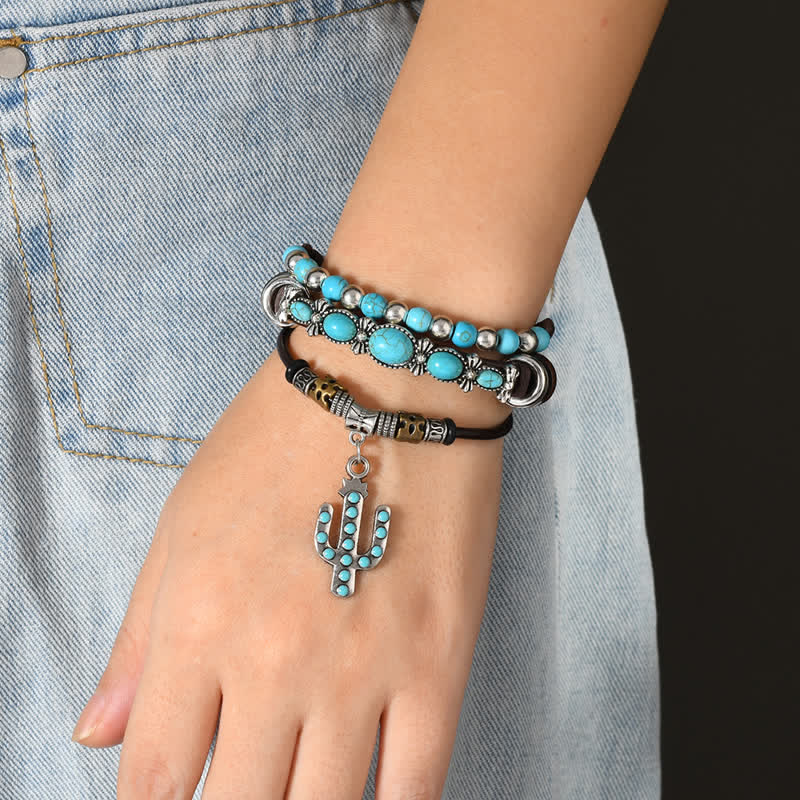 Western Turquoise & Cactus Charm Leather Bracelet - image 1