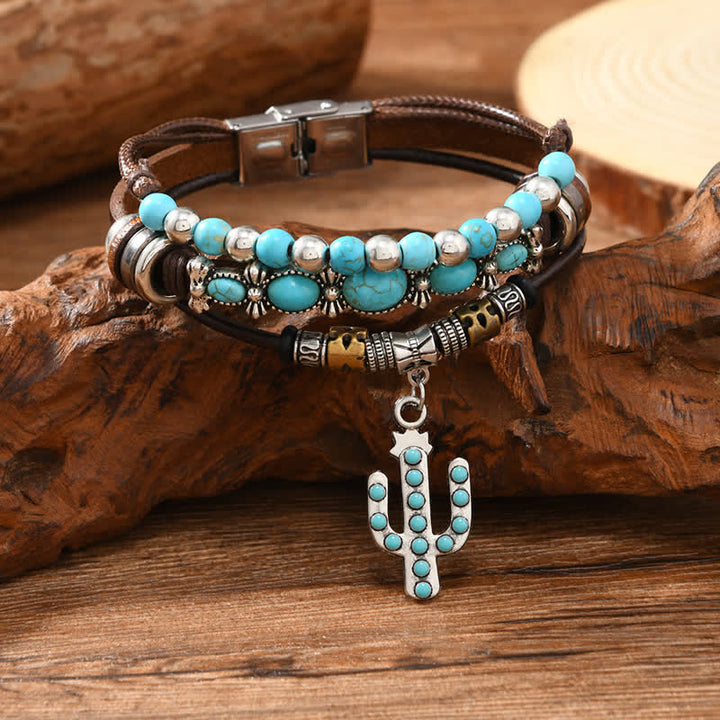 Western Turquoise & Cactus Charm Leather Bracelet - image 2