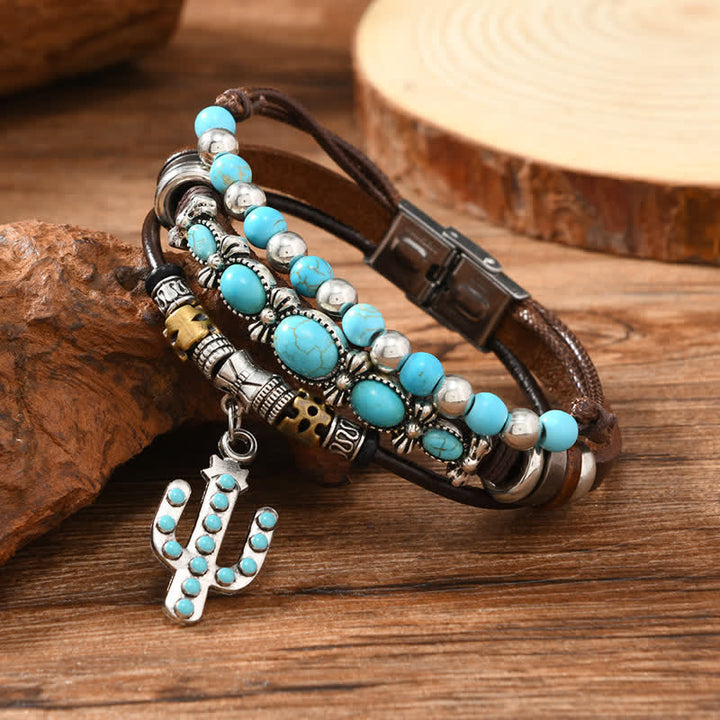 Western Turquoise & Cactus Charm Leather Bracelet - Cactus - image 0