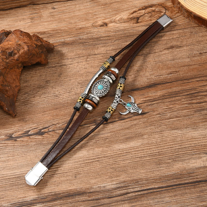 Western Essential Bull Skull Layered Leather Bracelet - image 2