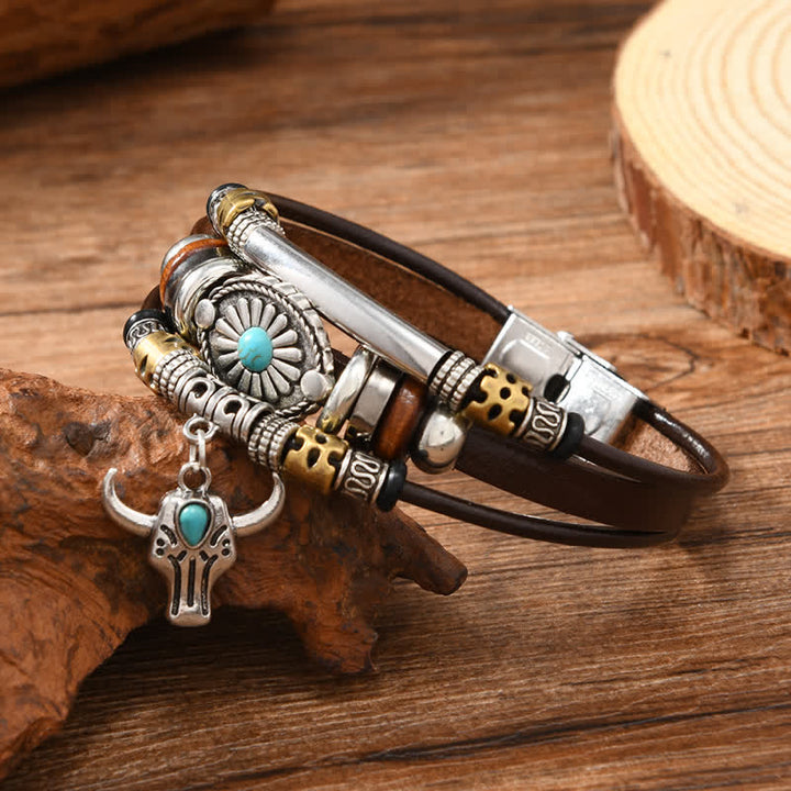 Western Essential Bull Skull Layered Leather Bracelet - image 3