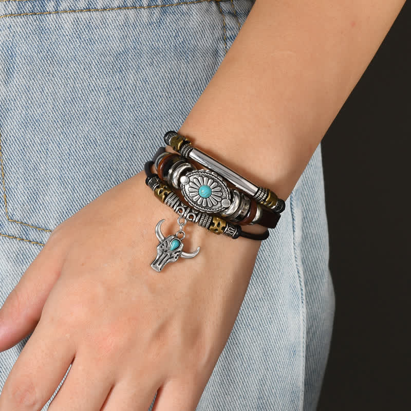 Western Essential Bull Skull Layered Leather Bracelet - image 1