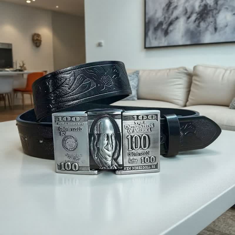 Men's US Dollar Bill Leather Belt With Hidden Kerosene Lighter - Black - 42 - image 3
