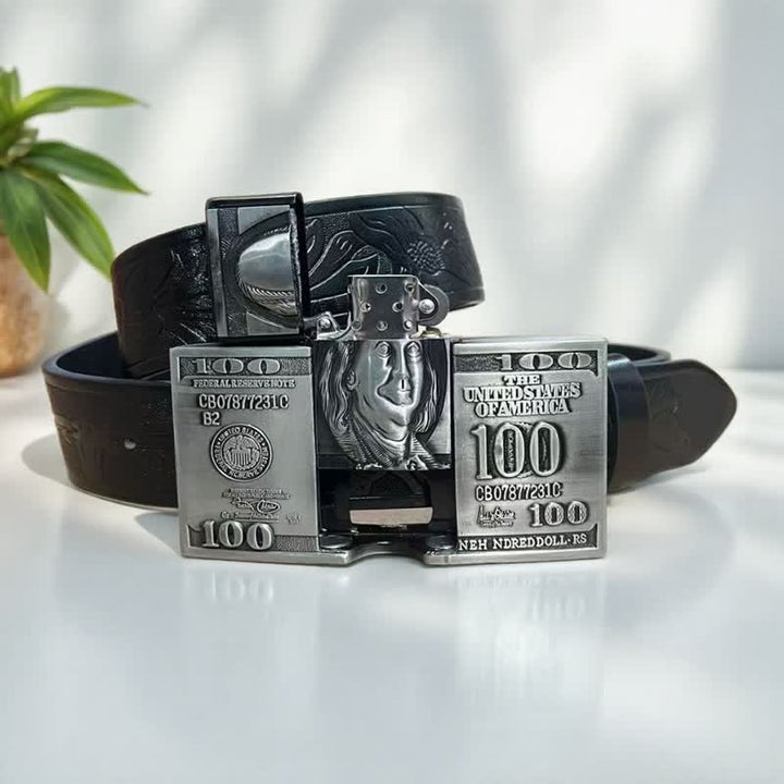 Men's US Dollar Bill Leather Belt With Hidden Kerosene Lighter - image 4