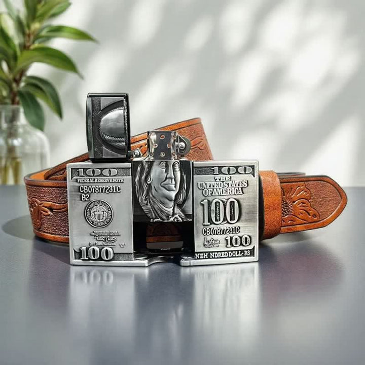 Men's US Dollar Bill Leather Belt With Hidden Kerosene Lighter - image 2