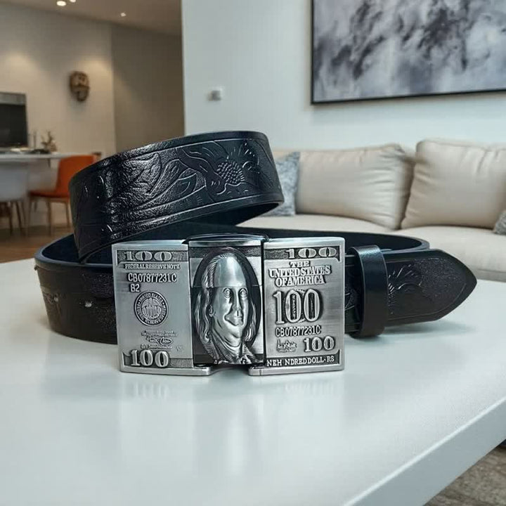 Men's US Dollar Bill Leather Belt With Hidden Kerosene Lighter - Black - 42 - image 3