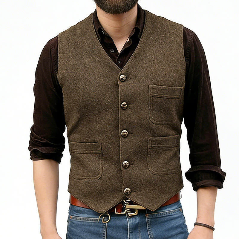 Men's Western Style Retro V-neck Multi Pocket Vest - Brown - 3XL - image 1