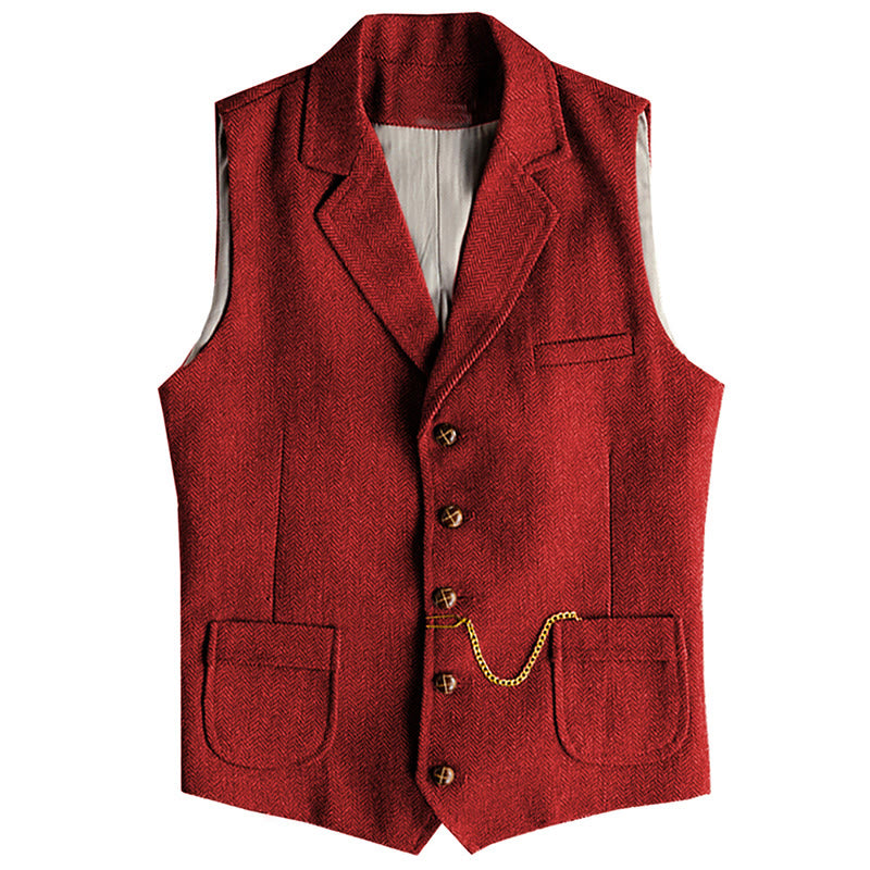 Men's Western Style Herringbone Pattern Single Breasted Vest With Chain - Red - 3XL - image 6