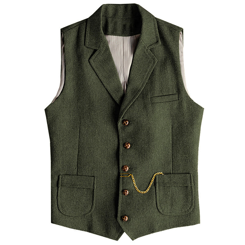 Men's Western Style Herringbone Pattern Single Breasted Vest With Chain - Army Green - 3XL - image 11