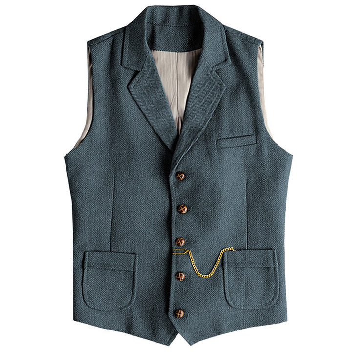 Men's Western Style Herringbone Pattern Single Breasted Vest With Chain - Light Navy Blue - 3XL - image 15