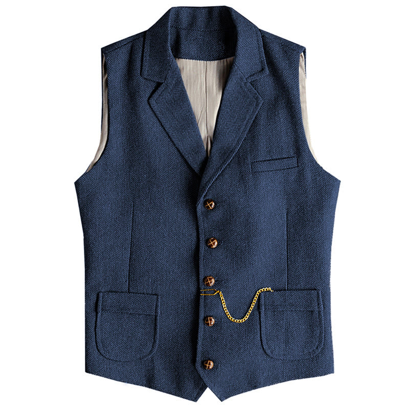 Men's Western Style Herringbone Pattern Single Breasted Vest With Chain - Navy Blue - 3XL - image 14