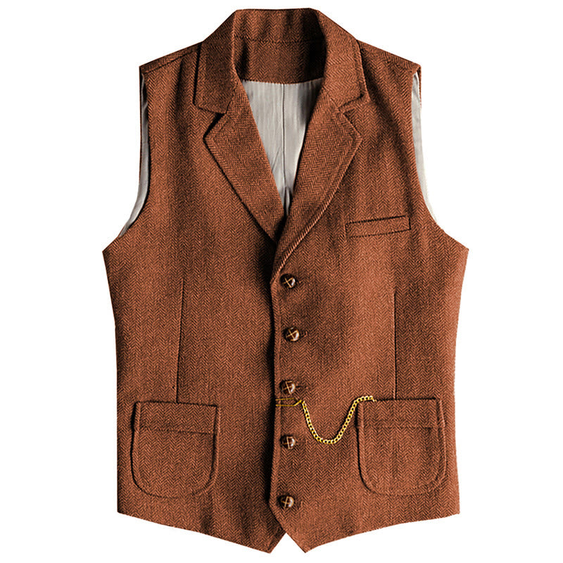 Men's Western Style Herringbone Pattern Single Breasted Vest With Chain - Orange - 3XL - image 8
