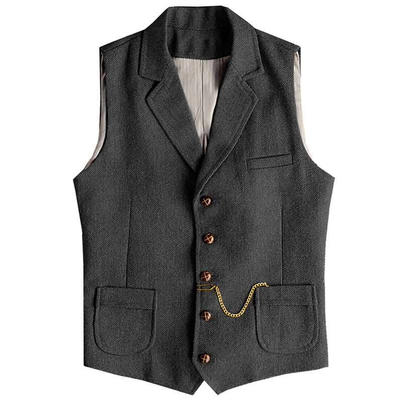 Men's Western Style Herringbone Pattern Single Breasted Vest With Chain - Black - 3XL - image 5