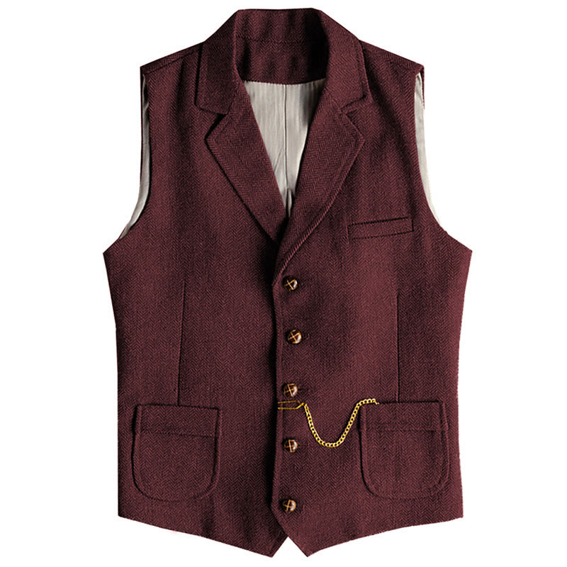Men's Western Style Herringbone Pattern Single Breasted Vest With Chain - Wine - 3XL - image 7
