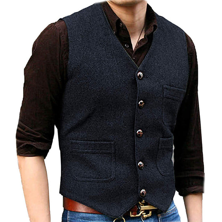 Men's Western Style Retro V-neck Multi Pocket Vest - Navy Blue - 3XL - image 8