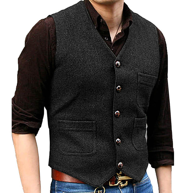 Men's Western Style Retro V-neck Multi Pocket Vest - Black - 3XL - image 4
