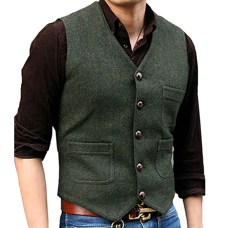 Men's Western Style Retro V-neck Multi Pocket Vest - Army Green - 3XL - image 7