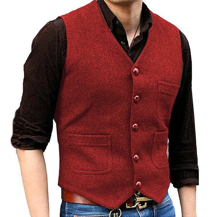 Men's Western Style Retro V-neck Multi Pocket Vest - Red - 3XL - image 5