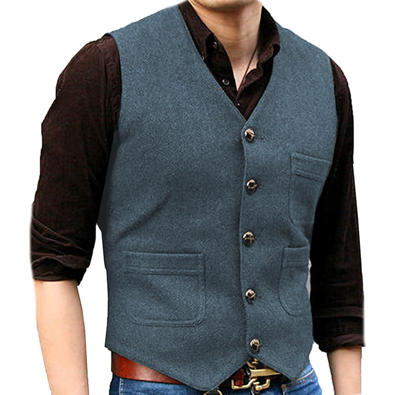 Men's Western Style Retro V-neck Multi Pocket Vest - Light Navy Blue - 3XL - image 13