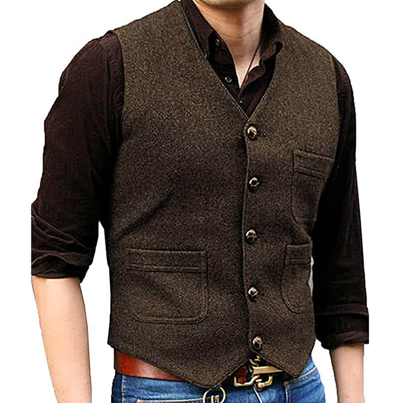 Men's Western Style Retro V-neck Multi Pocket Vest - Coffee - 3XL - image 11