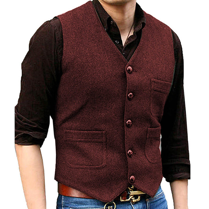 Men's Western Style Retro V-neck Multi Pocket Vest - Wine - 3XL - image 6