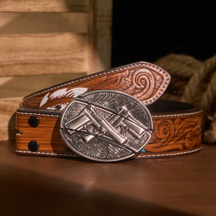 Men's DIY Dual Gun Hidden Folding Knife Leather Belt - Dual Gun - Brown Feather Belt - 40 - image 9