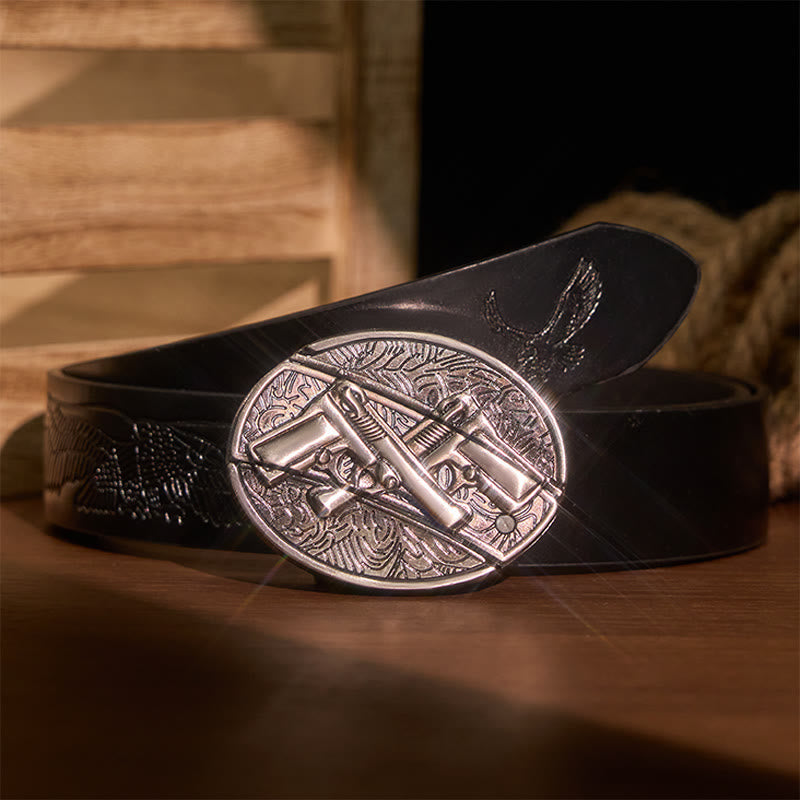 Men's DIY Dual Gun Hidden Folding Knife Leather Belt - Dual Gun - Black Embossed Eagle Belt - 42 - image 6