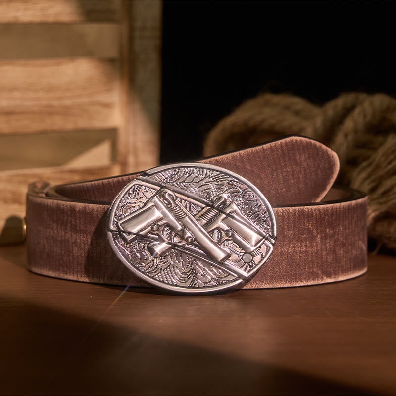 Men's DIY Dual Gun Hidden Folding Knife Leather Belt - Dual Gun - Brown Distressed Belt - 42 - image 8