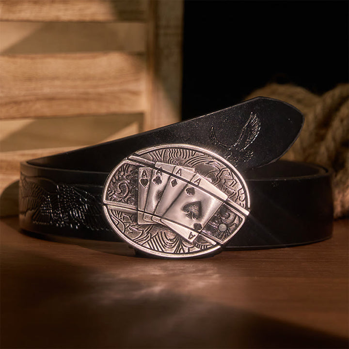 Men's DIY Poker 4 Ace Hidden Folding Knife Leather Belt - Poker 4 Ace - Black Embossed Eagle Belt - 42 - image 6