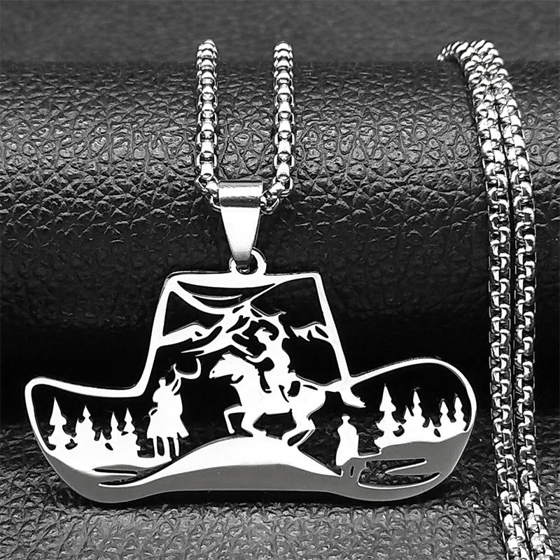 Metal Chain Western Cowboy Hat Scene Pendant Necklace - Silver - image 1