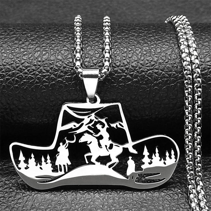 Metal Chain Western Cowboy Hat Scene Pendant Necklace - Silver - image 1