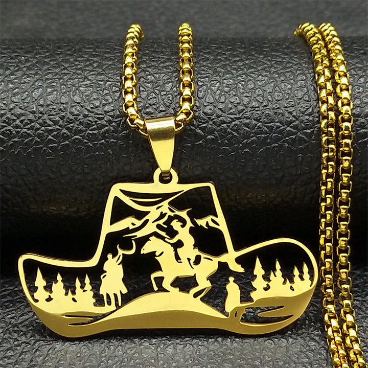 Metal Chain Western Cowboy Hat Scene Pendant Necklace - Golden - image 2