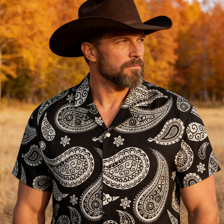 Men's Western Paisley Camp Collar Short Sleeve Shirt - Black - 5XL - image 5