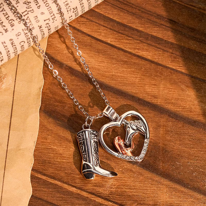 Western Style Silver Heart-shaped Horse Head & Boot Necklace - Silver - image 0