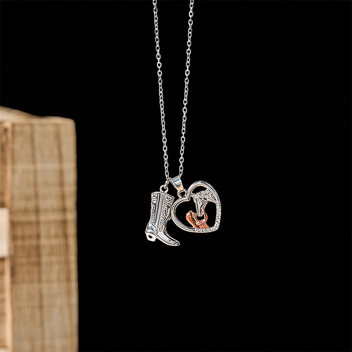 Western Style Silver Heart-shaped Horse Head & Boot Necklace - image 2